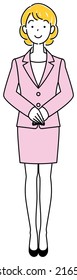 Standing pretty woman in a suit. standby posture. Right hand on top, hands folded. Full body standing illustration Vector