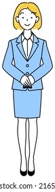 Standing pretty woman in a suit. standby posture. Right hand on top, hands folded. Full body standing illustration Vector