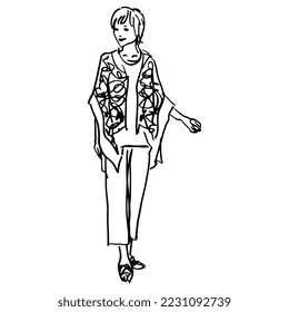 Standing pretty young girl with hort haircut. Funny smiling blonde woman wearing pants and fancy blouse. Hand drawn linear doodle rough sketch. Black silhouette on white background.