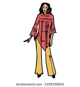 Standing pretty young girl in yellow flared pants and red tunic or poncho. Hand drawn colorful rough sketch.