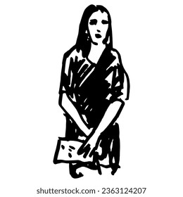 Standing pretty young woman holding a folder. Female portrait. Beautiful brunette girl. Hand drawn linear doodle rough sketch. Black silhouette on white background.