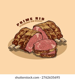 Standing Prime Rib roast illustration featuring gourmet bone-in beef slices and savory roasted texture on cream background. National Prime Rib Day, April 27th.