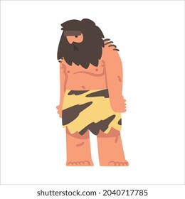 Standing Primitive Bearded Man Character from Stone Age Wearing Animal Skin Vector Illustration