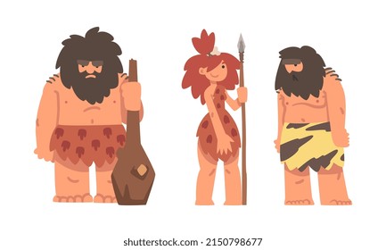 Standing Primitive Bearded Man and Woman Character from Stone Age Wearing Animal Skin Vector Illustration Set