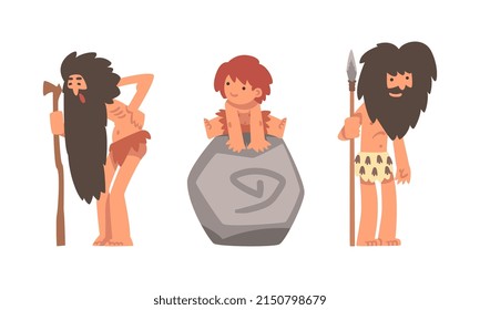 Standing Primitive Man Character with Spear and Boy from Stone Age Wearing Animal Skin Vector Illustration Set