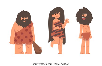 Standing Primitive Man and Woman Character from Stone Age Wearing Animal Skin Vector Illustration Set