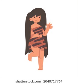 Standing Primitive Woman Character from Stone Age Wearing Animal Skin Waving Hand Vector Illustration