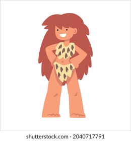 Standing Primitive Woman Character from Stone Age Wearing Animal Skin Vector Illustration