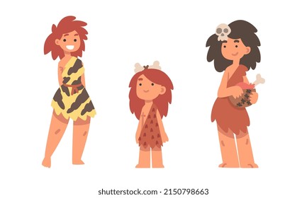 Standing Primitive Woman Character from Stone Age Wearing Animal Skin Vector Illustration Set