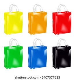 Standing promotional event color plastic bag with clear handles realistic vector mockup. Yellow, orange, red, green, blue, black colour mock-up set. Easy editable