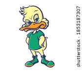 Standing Proud Duck Mascot wearing sneakers and t shirt