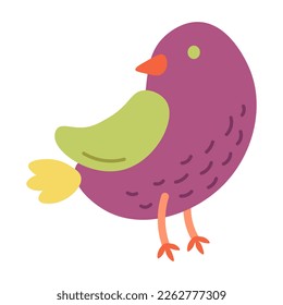 Standing purple dove with green wings. Cartoon style bird. For stickers and kids illustrations