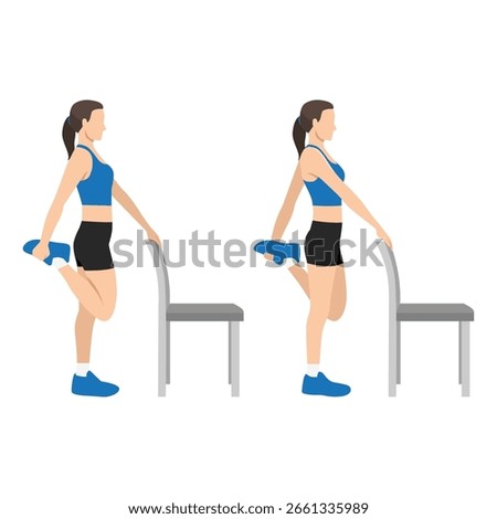 Standing Quad Stretch Using Chair Support. Flat vector illustration isolated on white background