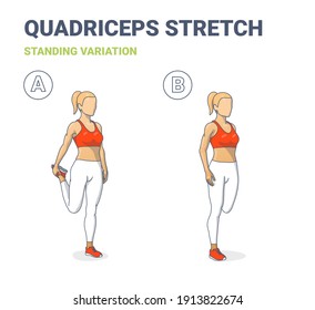 Standing Quadriceps Stretch Female Home Workout Exercise Guidance. Athletic Young Woman in Sportswear Top, Leggings, and Sneakers Does Stretching Routine on Her Quads.