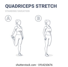 Standing Quadriceps Stretch Woman Home Workout Exercise Guidance. Athletic Young Female in Sportswear Top, Leggings, and Sneakers Does Stretching Routine on Her Quads.