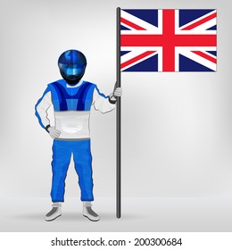 standing racer holding British flag vector illustration
