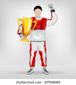 standing racer holding cup with hand up vector illustration