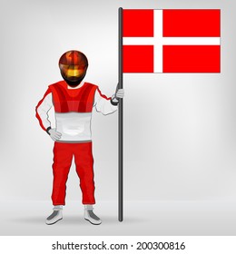 standing racer holding Danish flag vector illustration