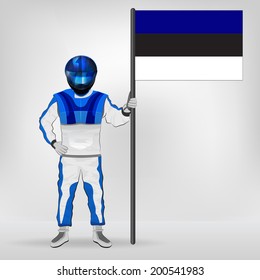 standing racer holding Estonian flag vector illustration