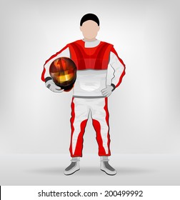 standing racer holding helmet with hand on waist vector illustration