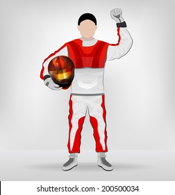 standing racer holding helmet with hand up vector illustration