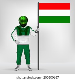 standing racer holding Hungarian flag vector illustration
