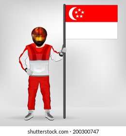 standing racer holding Singaporean flag vector illustration