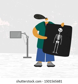 Standing radiologist with xray snapshot hand drawn color illustration. Doctor in special clothes modern characters. Standing medical staff. Genetics concept