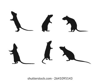Standing Rat silhouette. Silhouettes of Rats in Various Poses, Ideal for Educational or Design Projects. Illustration isolated on a white background.