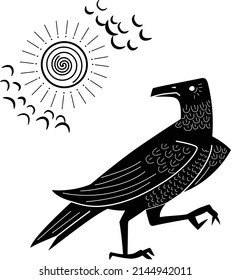 Standing raven and the sun with clouds in the sky. Drawing of a crow in ethnic style. Cartoon vector illustration.