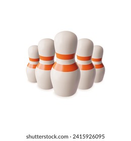 Standing realistic bowling skittles 3D style, vector illustration isolated on white background. Decorative design element, game and activity, target for ball hit