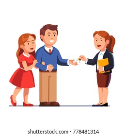 Standing realtor woman holding document folder passing keys to family couple. Giving keychain hand to hand. Man taking keys from business woman. Flat vector illustration isolated on white background.