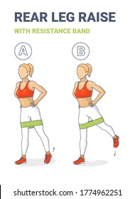 Standing Rear Leg Lift With Resistance Band Exercise Illustration. Colorful Concept Of Girl Does The Back Kick.