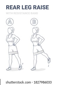 Standing Rear Leg Lift With Resistance Band Exercise Guide Illustration. Black And White Concept Of Girl Does The Back Kick Workout Exercse.