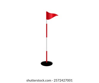 A standing red flag on a pole marking the position of a hole on a golf course.