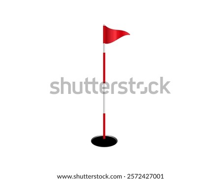 A standing red flag on a pole marking the position of a hole on a golf course.