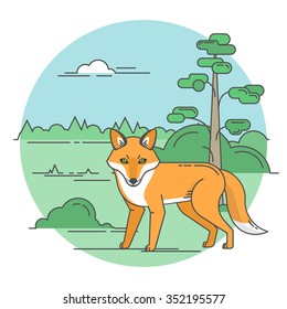 The standing red fox in the summer wood. Modern linear flat style.