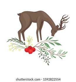Standing Reindeer Bending His Head Vector Illustration Decorated with Winter Twigs and Leaves
