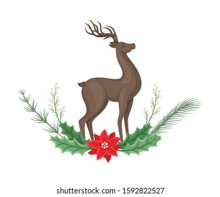 Standing Reindeer Vector Illustration Decorated with Winter Twigs and Leaves