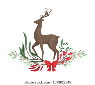 Standing Reindeer Vector Illustration Decorated with Winter Twigs and Leaves