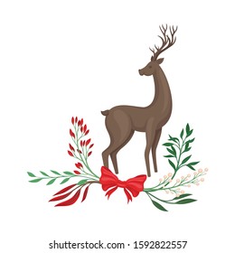 Standing Reindeer Vector Illustration Decorated with Winter Twigs and Leaves