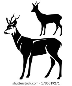 standing roe deer male animal side view black   white vector outline   silhouette