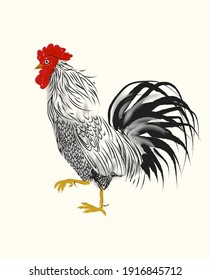 Standing rooster on black and white style icon vector illustration.