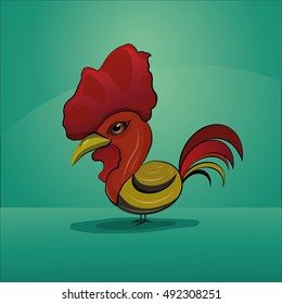 Standing rooster on green background. Cartoon style vector.