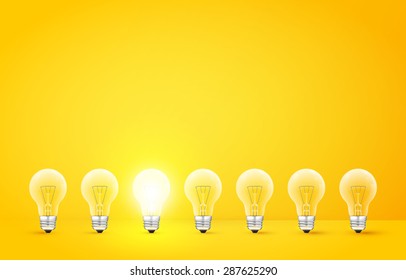 Standing in a row light bulbs with glowing one on a yellow background. Unlike others or odd man out concept. Vector illustration