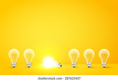 Standing in a row light bulbs with glowing one on a yellow background. Unlike others or odd man out concept. Vector illustration