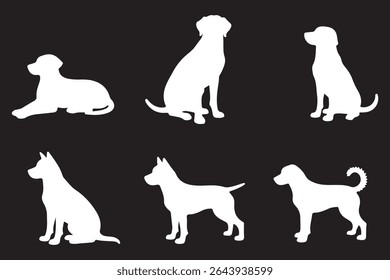 Standing, running and hunting dog icon or symbol. Happy playful wild dog silhouette art with paw sign on Dark Background. EPS 10.