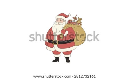 Standing Santa Claus character holding a large beige sack containing various toys like a teddy bear and a miniature train.