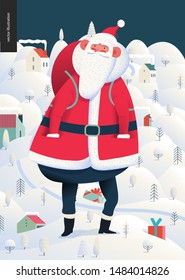 Standing Santa Claus - Christmas and New Year greeting card - modern flat vector concept illustration of cheerful Santa Claus standing on the winter landscape with hills, houses and trees