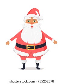 Standing Santa Claus front view on white. Element of Christmas decor for shops. Vector illustration of old man with long beard worn in pink warm coat trousers, soft hat, black boots and belt